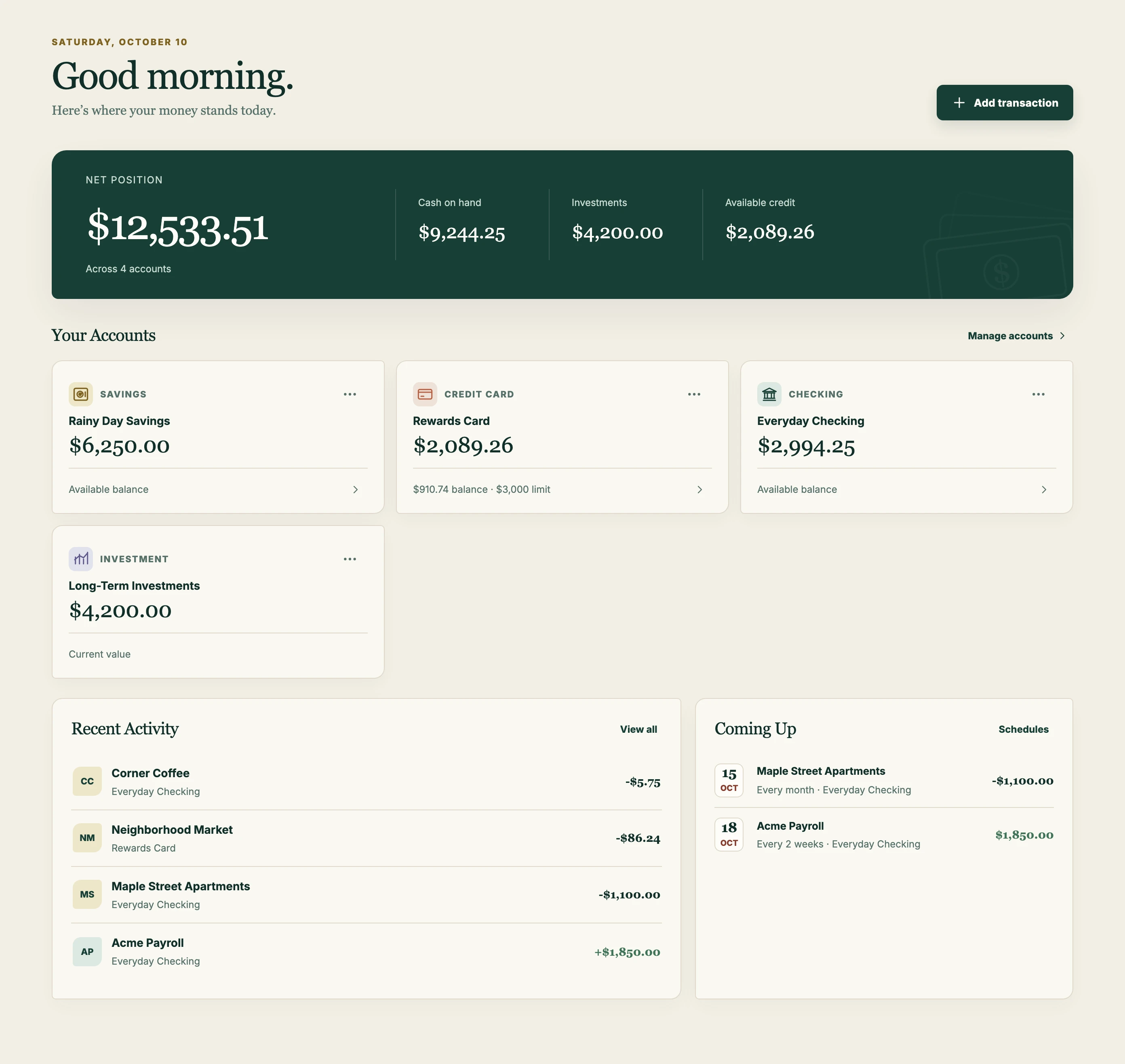 My Money Overview showing a $12,533.51 net position across four accounts, each account's balance, recent transactions, and upcoming rent and payroll.